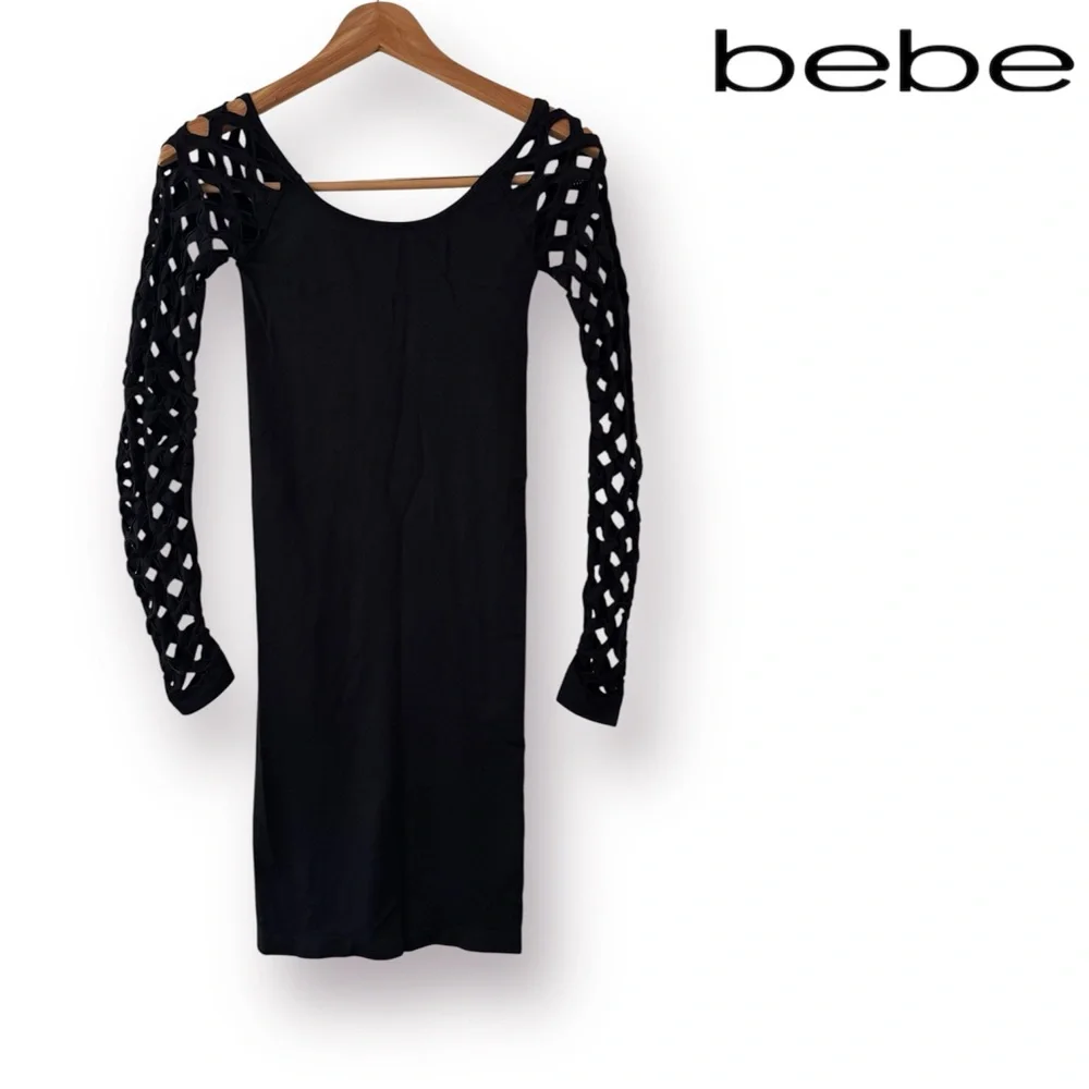 🛍️SALE🛍️ Bebe Black Long Sleeve Bandage Caged Bodycon Mini Dress - Picture 3 of 6